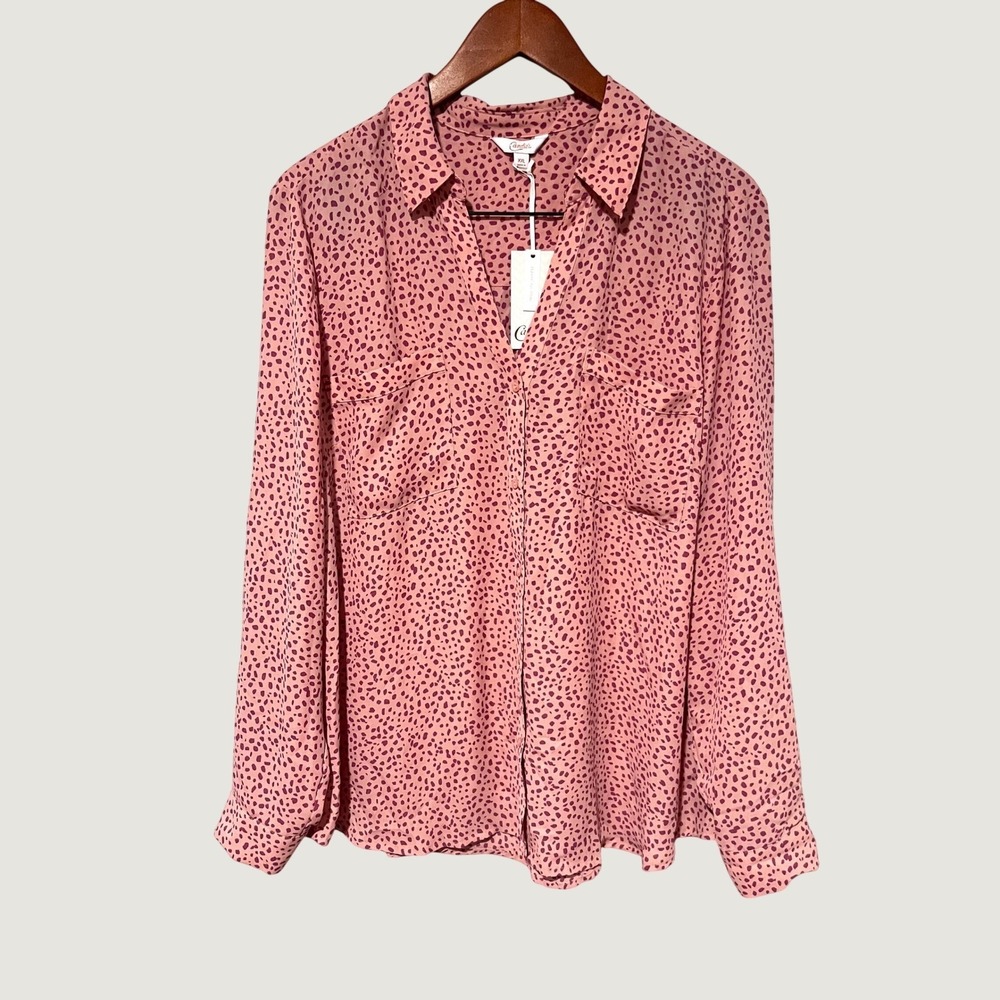 Candies Womens XXL Pink Purple Spot Print Roll Tab Sleeve Button Front Blouse